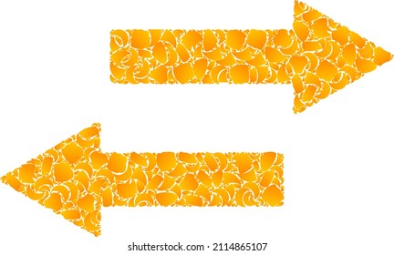 Vector gold horizontal exchange arrows mosaic icon. Horizontal exchange arrows is isolated on a white background. Gold particles mosaic based on horizontal exchange arrows icon.
