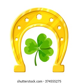 Vector gold horseshoe and green clover leaf isolated on a white background.
