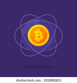 Vector gold icon of bitcoin in flat style isolated on blue background. Design element can be used for financial illustration, poster, promotion, t-shirt print, wallpaper