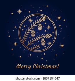 Vector Gold illustration of Christmas symbol Fir Tree Branch with Cones line Icon concept. Flat vector sign, outline illustration isolated on gradient Background from Magic light blue to black