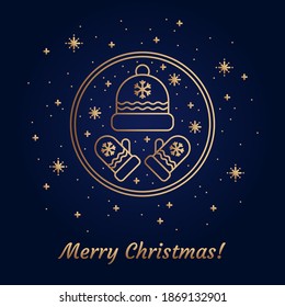 Vector Gold illustration of Christmas Winter Hat and Mitten Icon and Emblem concept. Flat vector Sign, Outline illustration Isolated on Gradient Background from Magic navy blue to black and Snowflakes