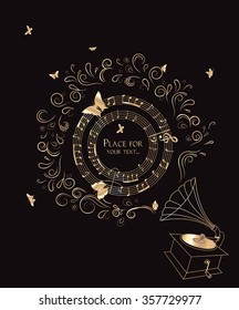 Vector gold illustration with old fashioned gramophone butterflies and notes