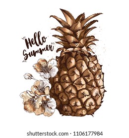 Vector gold illustration. Pineapple fruit and exotic flowers. Hello Summer - lettering quote. Poster, hand drawn style t-shirt print.
