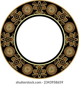 Vector gold imitation national Indian circle. Round pattern of indigenous peoples of America, Aztecs, Mayans, Incas. Native American ornament. 