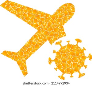 Vector gold infected airplane mosaic icon. Infected airplane is isolated on a white background. Gold particles mosaic based on infected airplane icon.