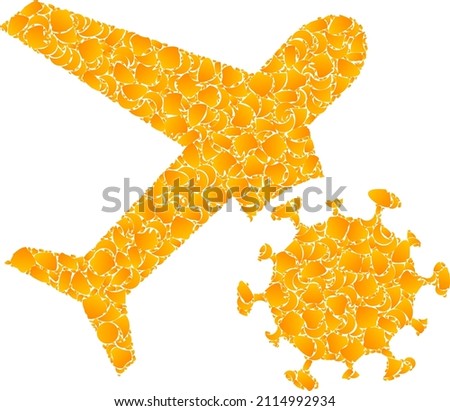 Vector gold infected airplane mosaic icon. Infected airplane is isolated on a white background. Gold particles mosaic based on infected airplane icon.
