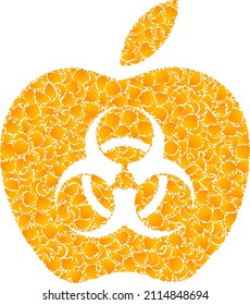 Vektorgoldinfizierte Apfelmosaiksymbol. Der infizierte Apfel ist einzeln auf weißem Hintergrund. Goldpartikel sammeln sich auf Basis des infizierten Apfelsymbol.