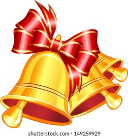 Vector gold jingle bells with red bow on a white background.