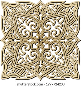 Vector gold Kazakh national pattern. Square ethnic ornament of steppe nomadic peoples.