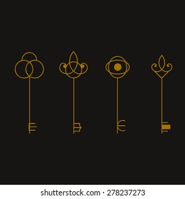 Vector Gold  Key Logos And Signs In Linear Style - Abstract Design Elements