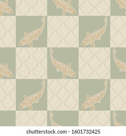 Vector Gold Koi Fish In Green and Gold Squares Seamless Repeat Pattern. Background for textiles, cards, manufacturing, wallpapers, print, gift wrap and scrapbooking.