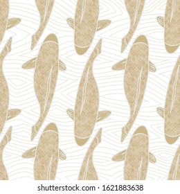 Vector Gold Koi Fish on White Background Seamless Repeat Pattern. Background for textiles, cards, manufacturing, wallpapers, print, gift wrap and scrapbooking.