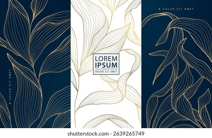 Vector gold label box, leaves floral wine design, vip perfume royal package. Leaf template, beauty, jewelry, gift cards, banners