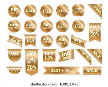 Vector gold labels isolated on white background. Sale promotion, website stickers, new offer badge collection. Flat badges discount and tags. Best choice tags.  Vector illustration. - Shutterstock ID 1888188475