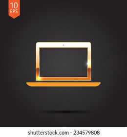 Vector gold laptop icon isolated on dark background. Eps10