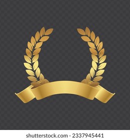 Vector gold laurel with ribbon. Golden laurel wreath frame with ribbon. First place medal. Award icon, winner emblem. Vector illustration EPS10