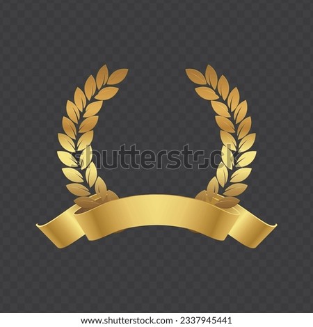 Vector gold laurel with ribbon. Golden laurel wreath frame with ribbon. First place medal. Award icon, winner emblem. Vector illustration EPS10