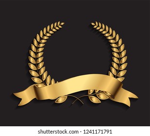 Vector gold laurel wreath with golden ribbon.
