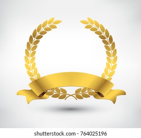 Vector gold laurel wreath with golden ribbon.