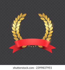 Vector gold laurel wreath with red ribbon. Golden award frame. First place medal. Laurel icon, winner emblem. Vector illustration EPS10