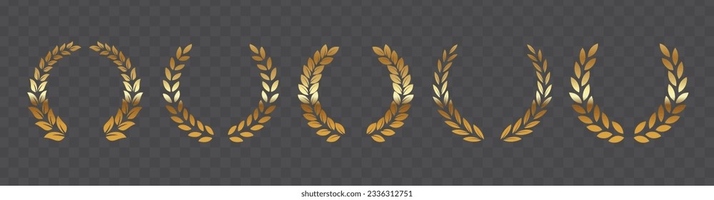 Vector gold laurels set. Circular foliate golden laurels branches. Laurel wreath silhouette. Trophy crest. Greek olive branch award, winner round emblem