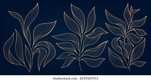 Patrón de fondo de la hoja de oro vectorial, diseño de arte deco floral abstracto de lujo. Ilustración elegante de la línea de selva premium. Ornamento de verano tropical brillante