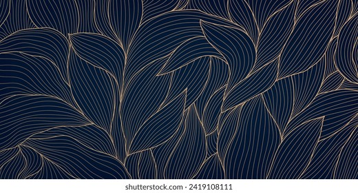 Patrón de fondo de la hoja de oro vectorial, diseño de arte deco floral abstracto de lujo. Ilustración elegante de la línea de selva premium. Ornamento de verano tropical brillante