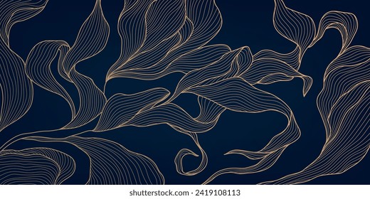 Vector gold leaf background pattern, floral abstract luxury art deco design. Premium elegant jungle line illustration. Fancy tropic summer ornament