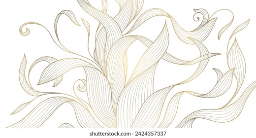 Vector gold leaf background pattern, floral abstract luxury art deco design. Premium elegant jungle line illustration. Fancy tropic summer ornament