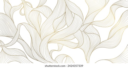 Vector gold leaf background pattern, floral abstract luxury art deco design. Premium elegant jungle line illustration. Fancy tropic summer ornament