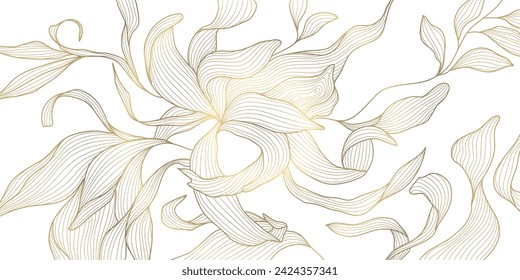 Vector gold leaf background pattern, floral abstract luxury art deco design. Premium elegant jungle line illustration. Fancy tropic summer ornament