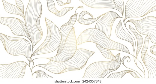 Vector gold leaf background pattern, floral abstract luxury art deco design. Premium elegant jungle line illustration. Fancy tropic summer ornament