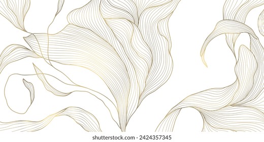 Vector gold leaf background pattern, floral abstract luxury art deco design. Premium elegant jungle line illustration. Fancy tropic summer ornament