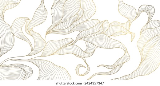 Vector gold leaf background pattern, floral abstract luxury art deco design. Premium elegant jungle line illustration. Fancy tropic summer ornament