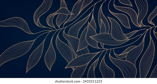 Vector gold leaf background pattern, floral abstract luxury art deco design. Premium elegant jungle line illustration. Fancy tropic summer ornament