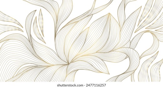 Vector gold leaf pattern. Floral luxury wallpaper, art deco botanical illustration. Palm tropical decoration, premium exotic line banner, japanese elegant border.