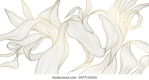 Vector gold leaf pattern. Floral luxury wallpaper, art deco botanical illustration. Palm tropical decoration, premium exotic line banner, japanese elegant border.