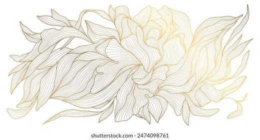 Vector gold leaf pattern, luxury flower background, line nature art deco design. Elegant foliage illustration, garden graphic, linear drawing