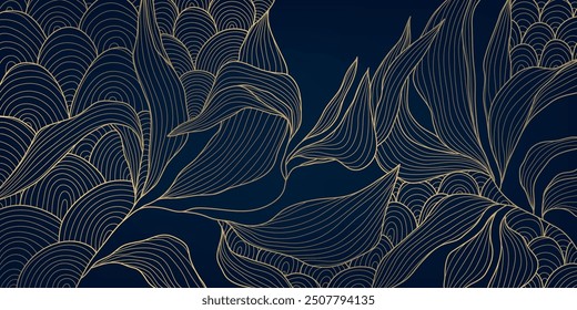 Vector gold leaf pattern, luxury flower background, line nature art deco design. Elegant foliage illustration, garden graphic, linear drawing