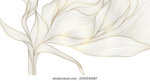Vector gold leaf pattern, luxury flower pattern, japanese botanical illustration, line wave drawing. Plant ornament, wallpaper, spring element