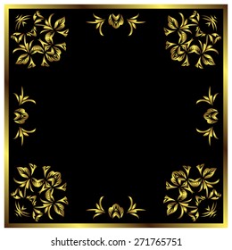  Vector gold leafs on the black background. Wine emblem. Metallic ornament.
