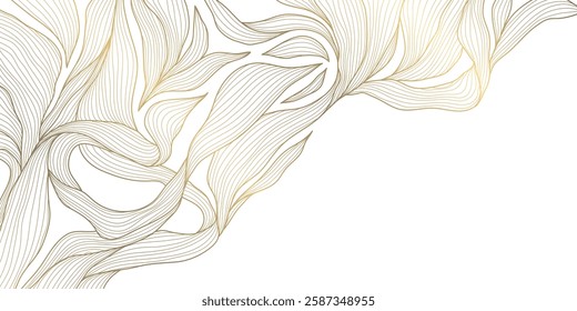 Vector gold leaves, floral luxury frame background, nature line abstract illustration, wave wedding illustration. Japanese premium texture