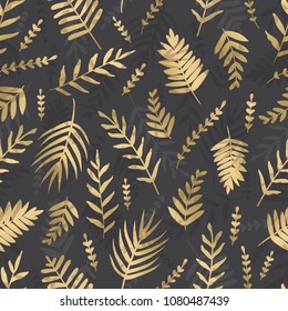 Vector gold leaves on a dark background. Tropical leaves seamless pattern. Exotic leaf design. Trendy Hawaiian Print. Bright textured with branches.