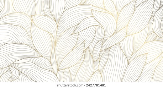 Vector gold leaves on white texture, luxury abstract plant background, line drawn foliage. Vintage elegant nature illustration 