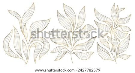 Vector gold leaves on white background isolated. Wavy drawn line branches, nature, plants luxury design elements.