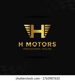 Vector Gold Letter H logo templates isolated on black background. Modern Wing Design. 
