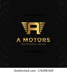 Vector Gold Letter A logo templates isolated on black background. Modern Wing Design. 