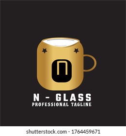 Vector Gold Letter N logo templates isolated on Black background. Modern beer glass Design. 