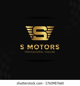 Vector Gold Letter S logo templates isolated on black background. Modern Wing Design. 