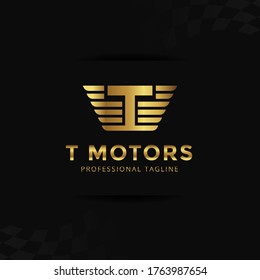 Vector Gold Letter T logo templates isolated on black background. Modern Wing Design. 